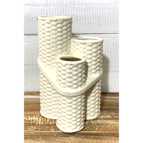 Vintage Mid Century White Three Tier Basket Weave Vase Planter Made In Japan - Picture 1 of 11